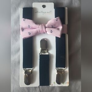 Pink Bow  Tie & Navy Blue Suspenders Set  New